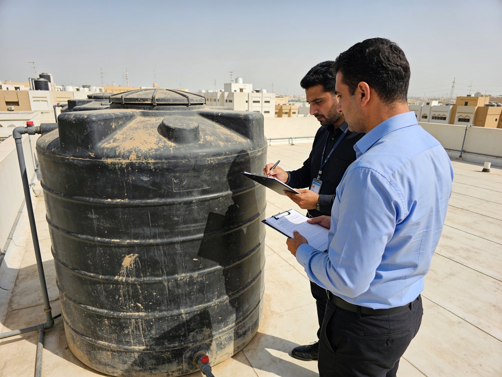 Used water tank staged for removal and transport at a UAE construction site