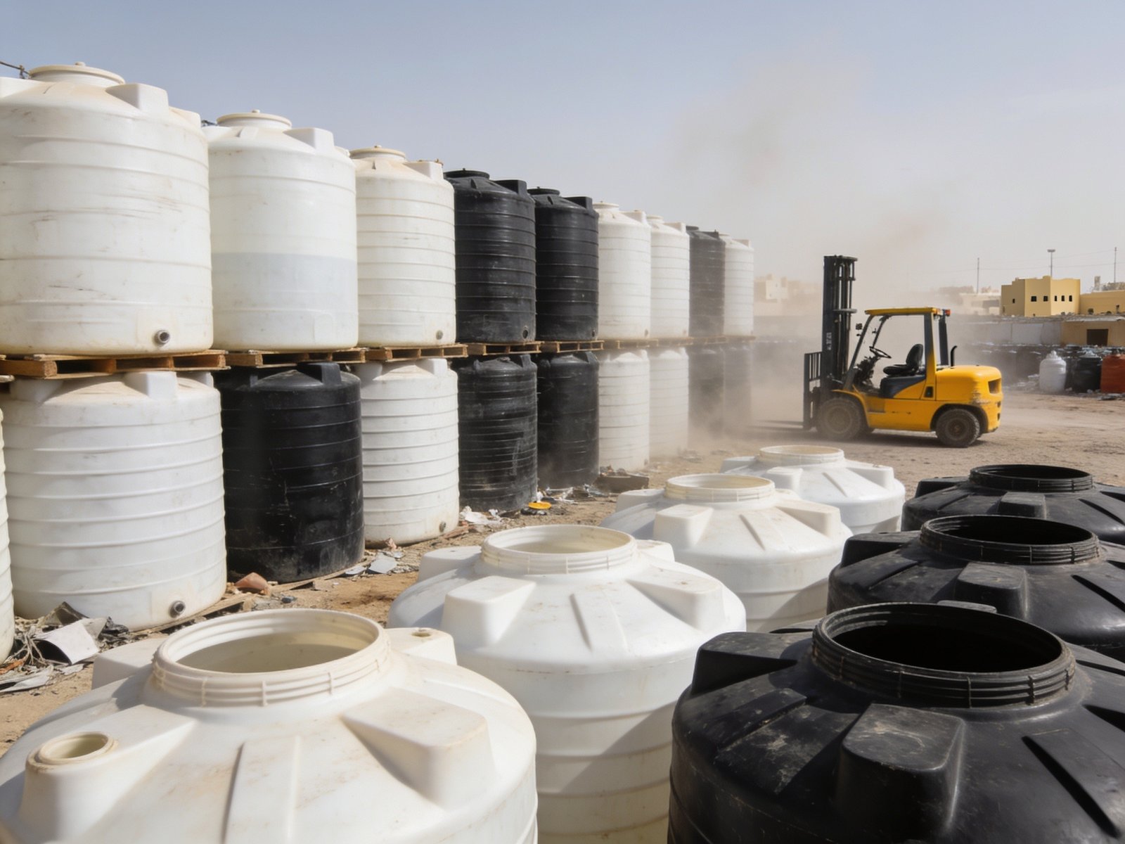 Used and damaged PVC water tank ready for pickup at a construction site