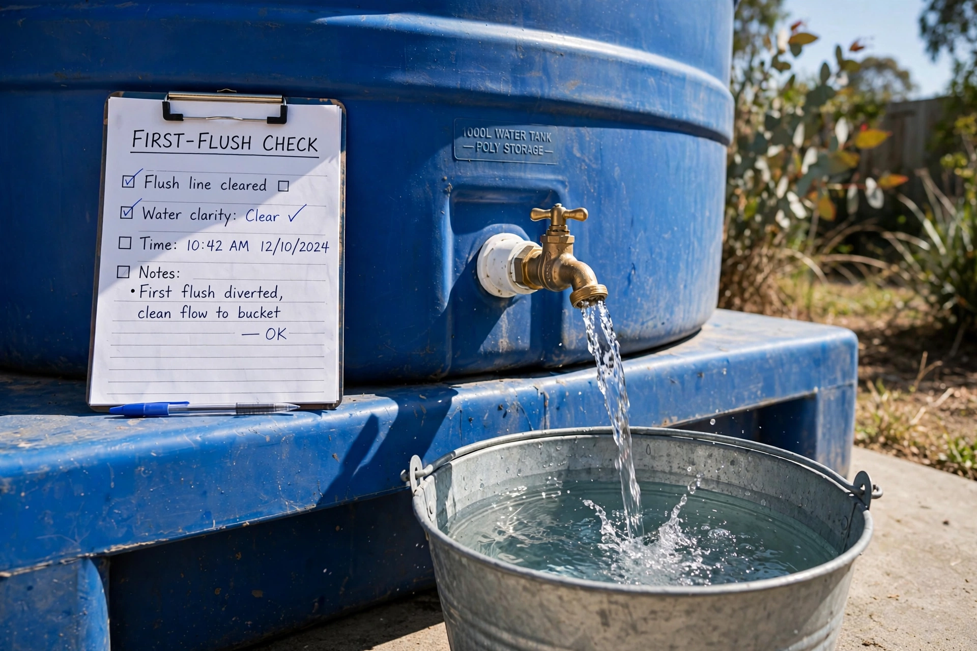 Clean water running from a used water tank outlet into a bucket after the first flush