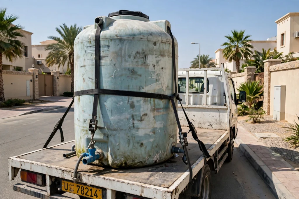 Used water tank strapped down on a flatbed truck for safe transport in the UAE