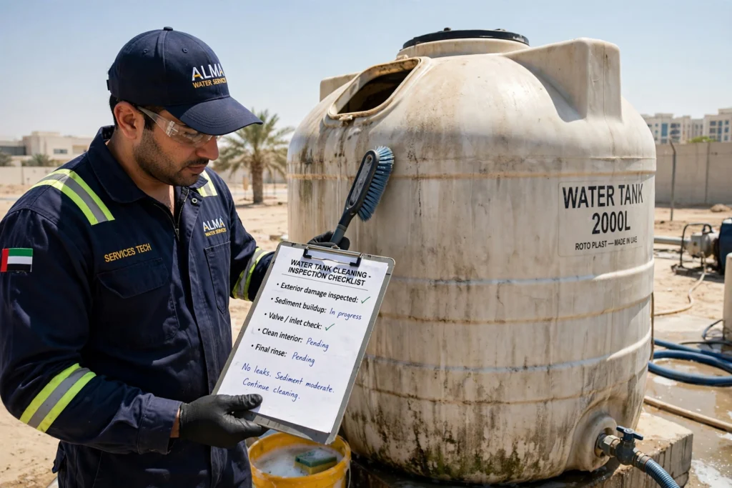 Technician inspecting a used water tank in UAE