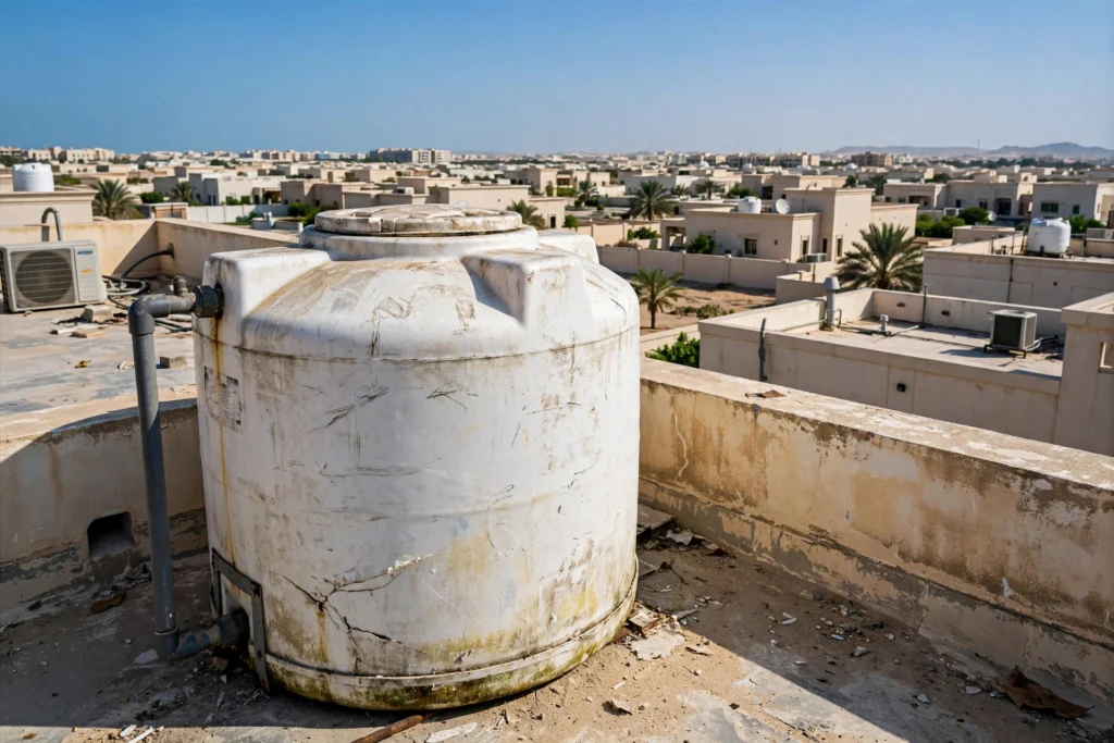 Second hand water tank UAE installed on a villa rooftop